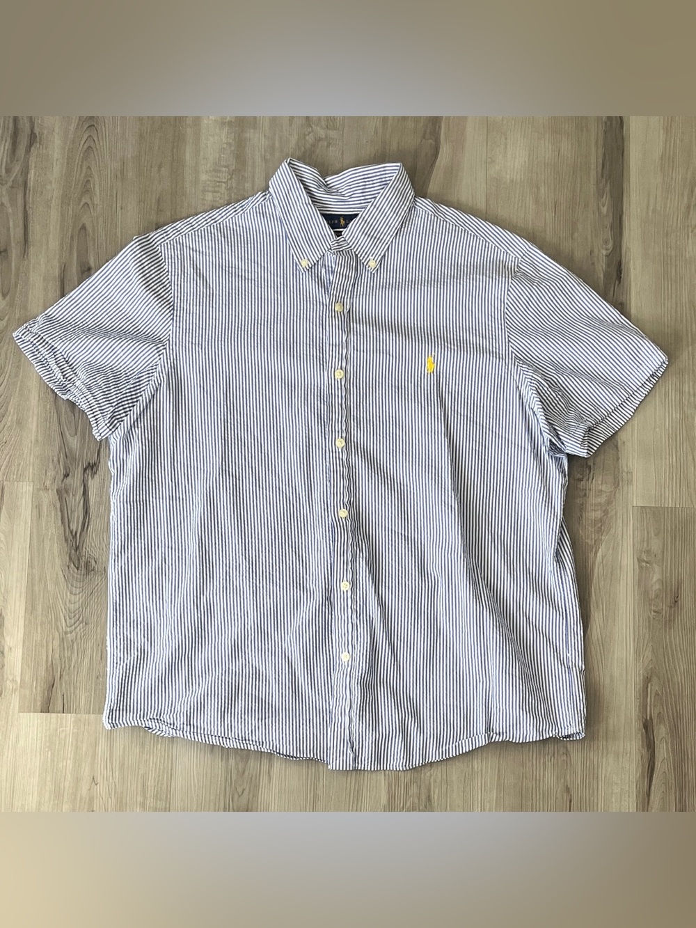 Ralph Lauren Blue and White Pinstripe Short-Sleeve Button-Down Shirt